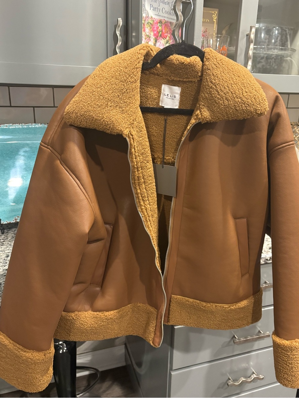 NWT Le Lis Tan Bomber Jacket with Shearling Trim